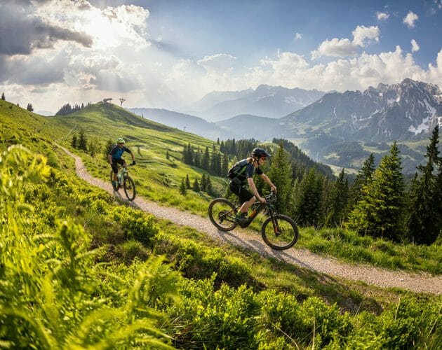 Jízda na horském kole po trase mezi zelenými pastvinami v kopcích regionu Hochkönig
