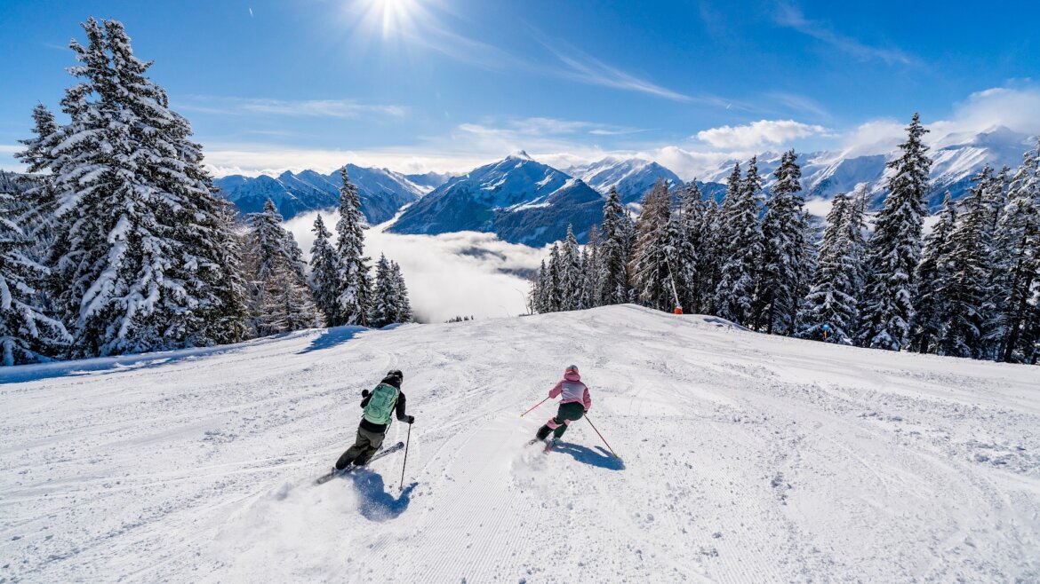 Dva lidé kurz lyžování z kopce na zasněžené hoře s borovicemi a slunečnou modrou oblohou v pozadí.