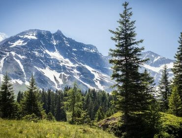 Údolí Kolm Saigurn s výhledem na horu Sonnblick s místy pokrytými sněhem