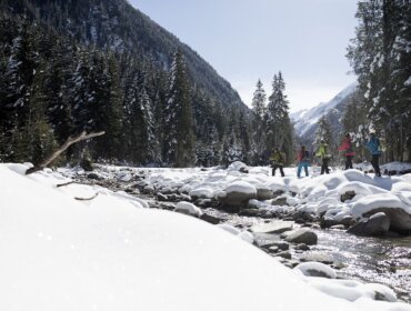 Skupina si užívá zasněženou půdu u řeky v zalesněné horské krajině arény Zima Wildkogel.