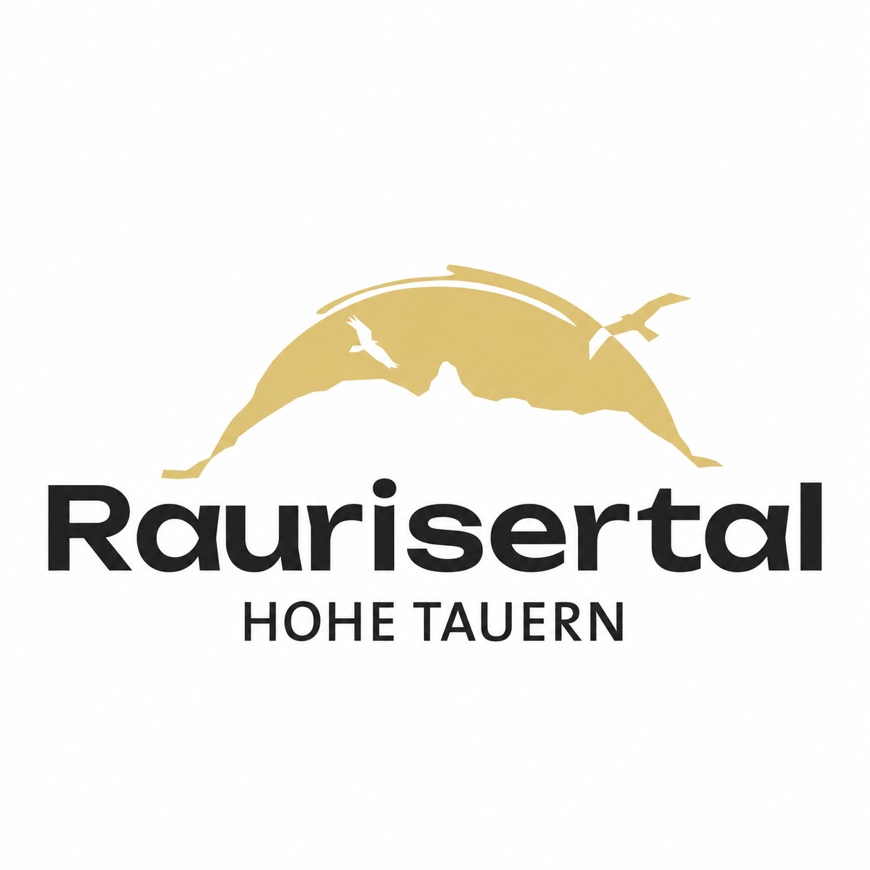 Rauris Logo Zlatá silueta hory se dvěma letícími ptáky – logo údolí Raurisertal v rakouském pohoří Hohe Tauern.