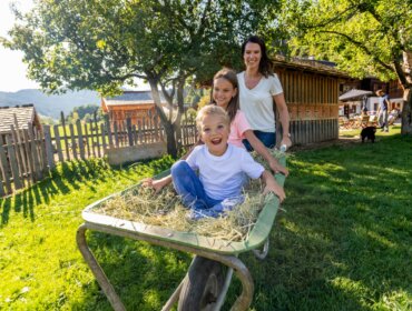 Urlaub am Bauernhof Žena veze smějící se děti zahradou na kolečku se slámou.