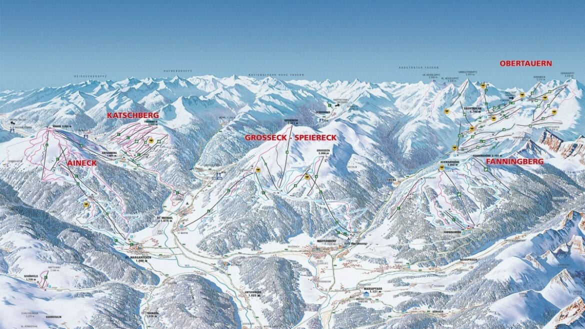 Panoramatická mapa s lyžařskými oblastmi v Salcburském Lungau 