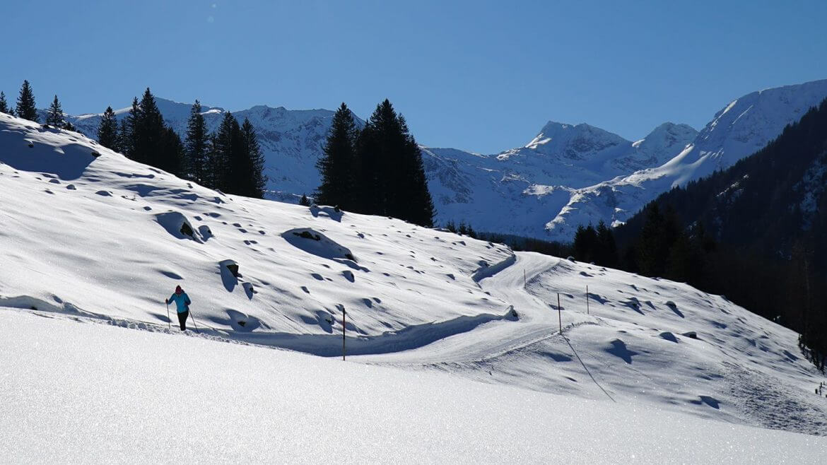 Užívat si upravených stop na běžkách v Raurisu © TVB Rauris, Stefan Eder Rauris nabízí perfektní terén pro jízdu na běžkách, ať už se jedná o klasiku nebo bruslení (Zvětšený pohled)