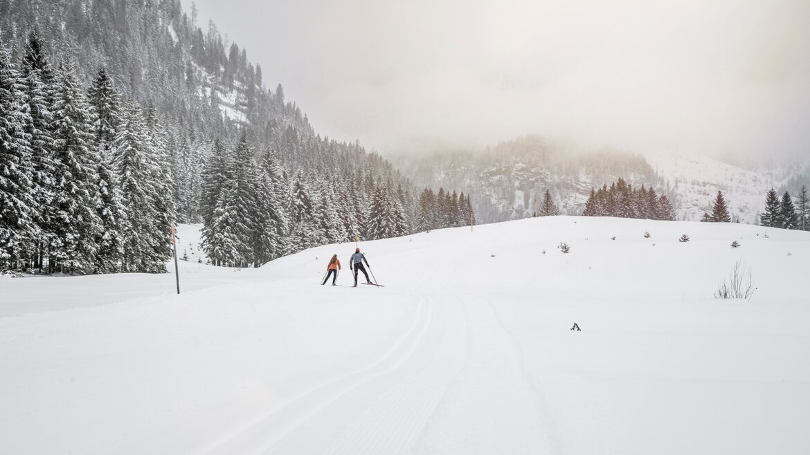 Dva běžkaři jedou po upravené stopě mezi zasněženými horami a lesy v Obertauern (Zvětšený pohled)