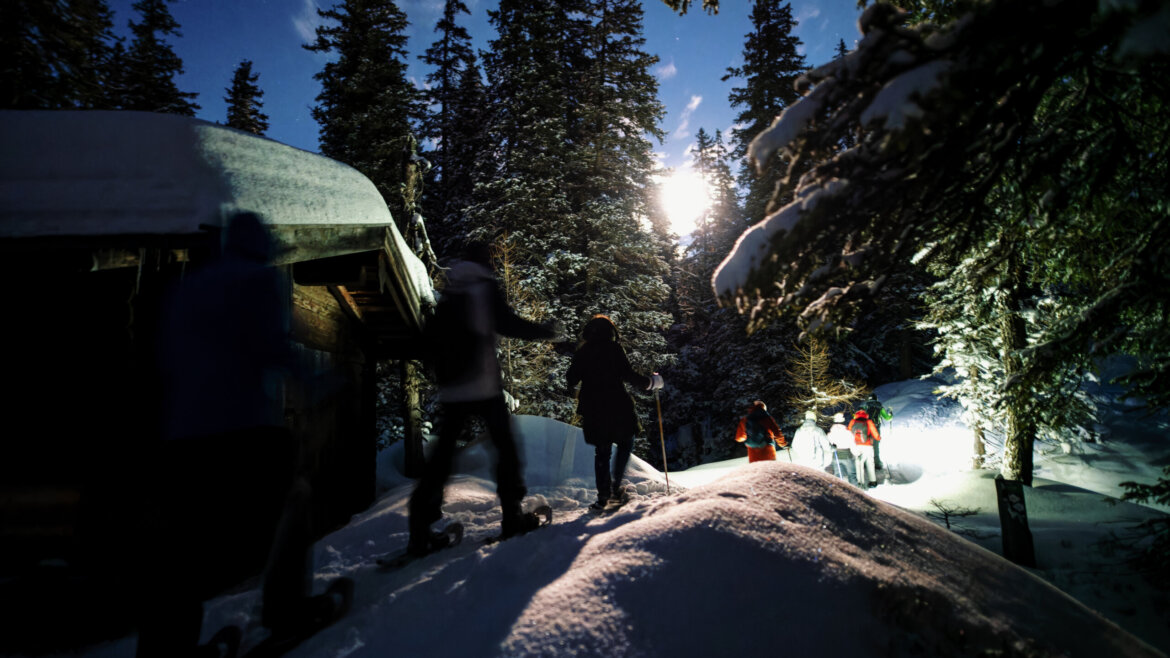 Raurisertal nabízí také večerní túry zimní krajinou s průvodci © NPHT Účastníci večerní ranger túry v zasněženém lese v Raurisertalu (Zvětšený pohled)