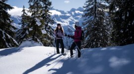 Dva lidé stojí v hlubokém sněhu na výpravě na sněžnicích v Dachstein West, za nimi zasněžené stromy a vrcholy.