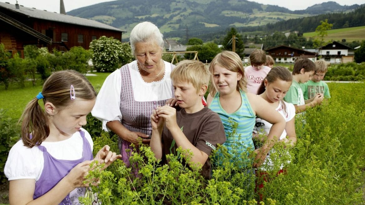 Procházka mezi bylinkami v zahradě v Hollersbachu je příjemná i pro děti, které rádi zkoumají