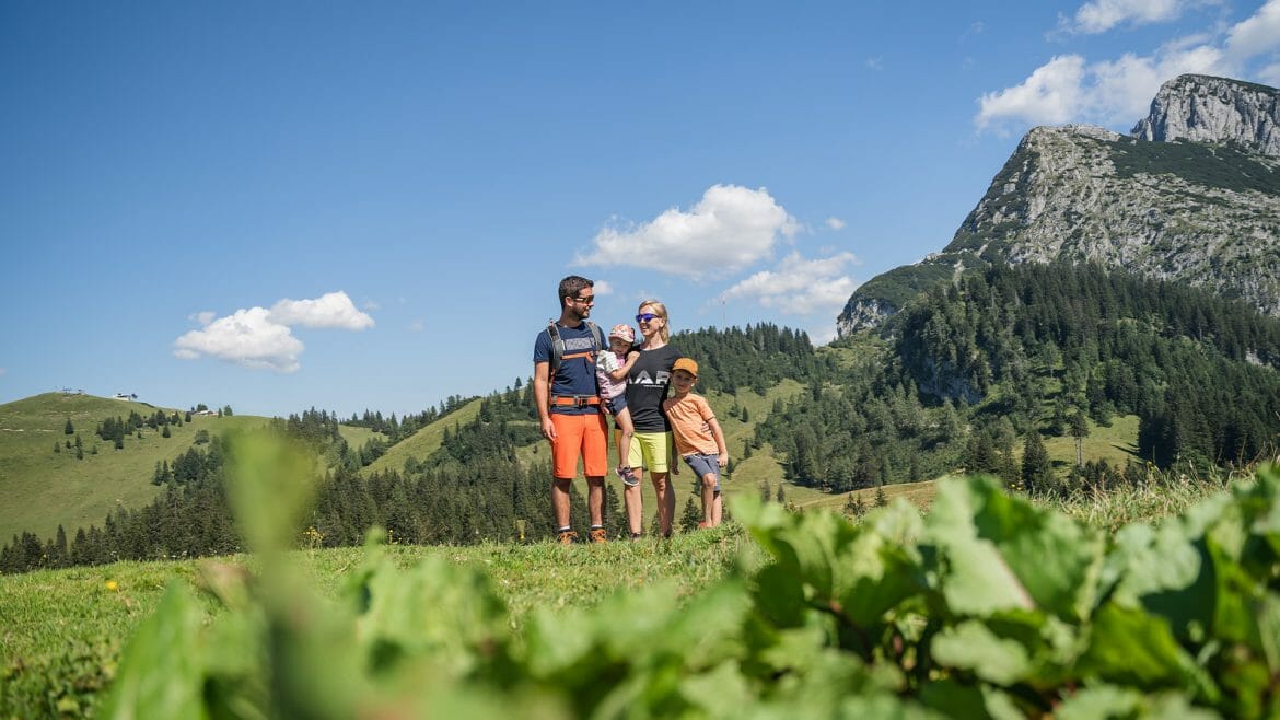 Rodinný výlet na Annabergu v Dachstein West po zelených loukách mezi horami