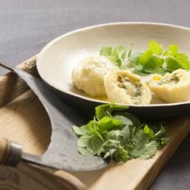 Knedlíky z bramborového těsta plněné směsí tvarohu a bylinky, které se říká bršlice. Ta se využívá mimo jiné pro léčbu dny, skvěle ale také chutná v nejrůznějších jídlech.