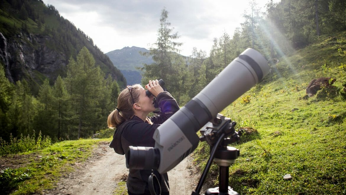 Žena s dalekohledem pozoruje na výletu s průvodcem vzácné dravce, kteří krouží nad horami