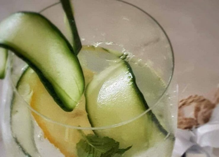 Osvěžující letní drink, gin s tonicem a plátkem salátové okurky ve sklenici doplněné ledem