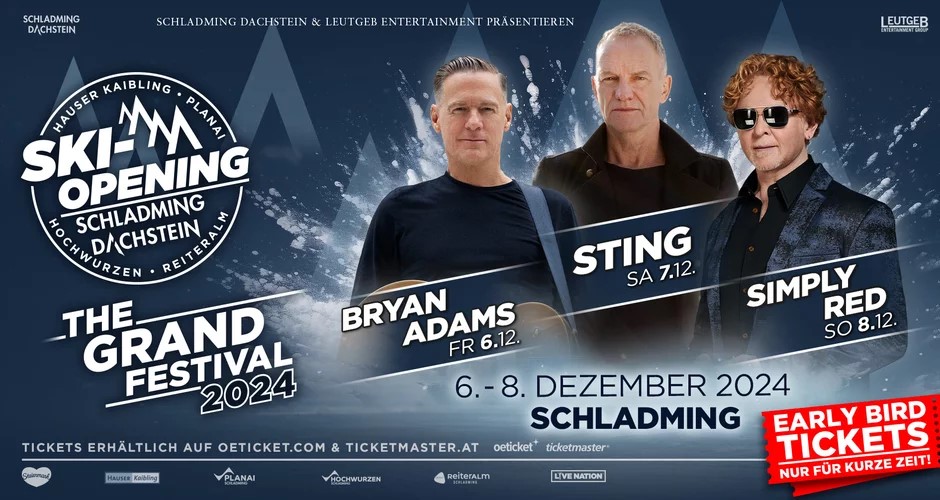 Bryan Adams, Sting a Simply Red zahájí lyžařskou sezónu ve Schladmingu v Planai areně