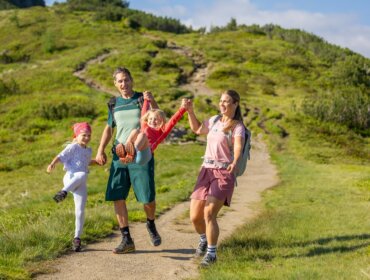 Čtyřčlenná rodina na túře, rodiče radostně houpají dvě děti na prosluněné horské stezce Flachau léto.