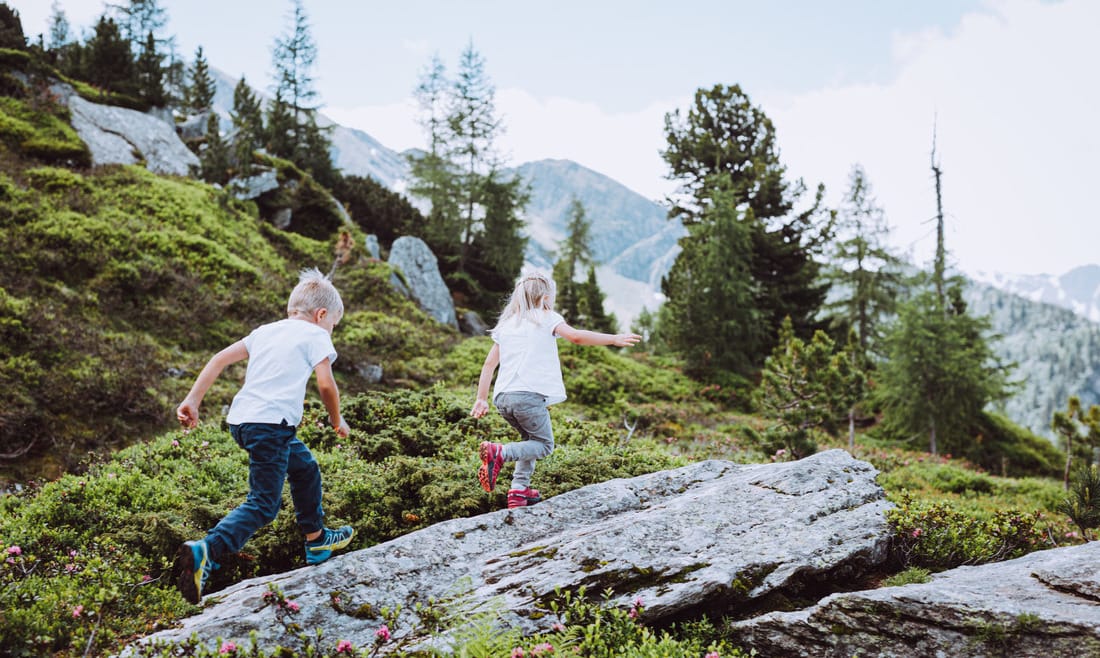 Děti pobíhají mezi borovicemi na Graukogelu