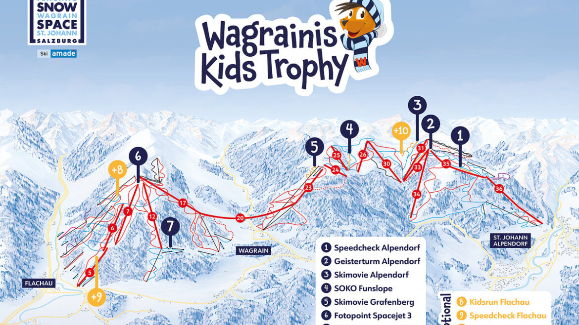 Mapa dětské lyžařské trasy Wagrainis Kids Trophy v oblasti Snow Space Salzburg, která propojuje Flachau, Wagrain a St. Johann-Alpendorf.