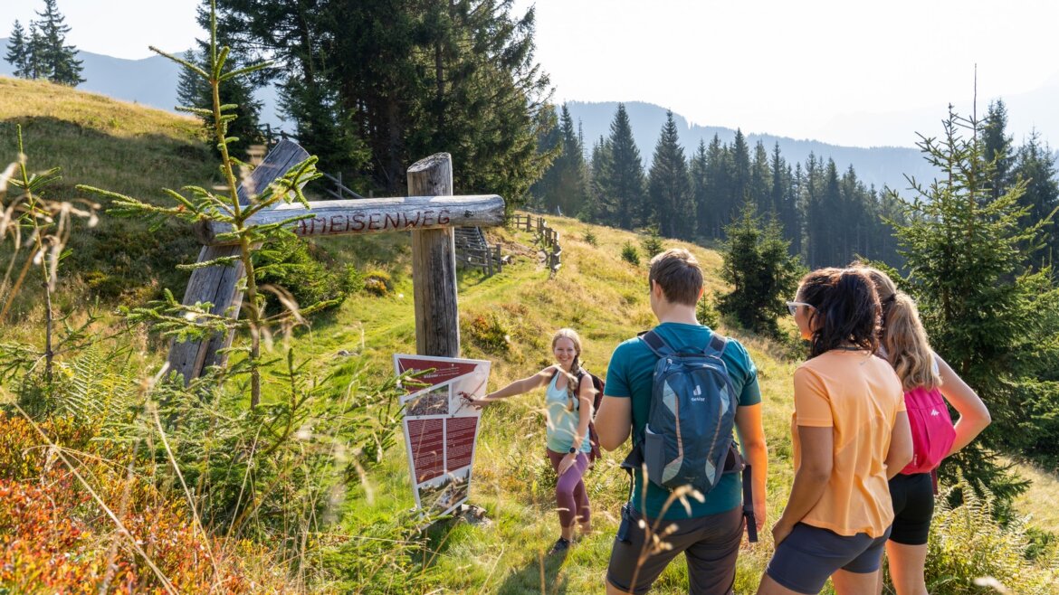 Čtyři turisté studují mapu u dřevěné cedule v turistické oblasti Bruck Fusch Großglockner v létě. (Zvětšený pohled)