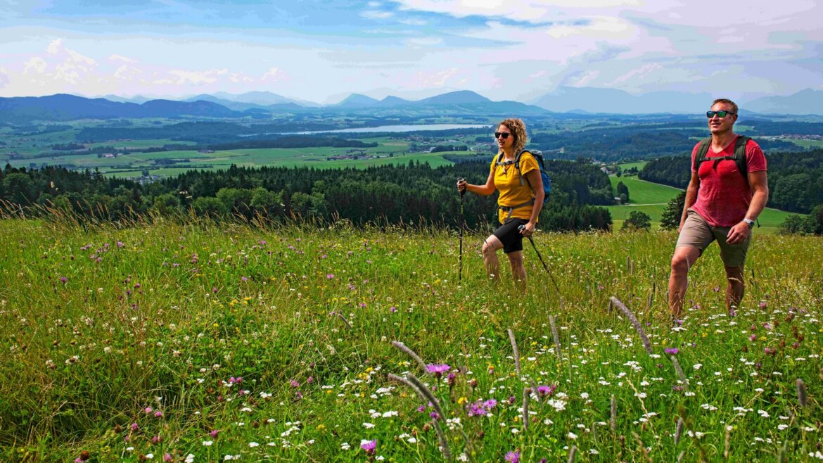 Dva lidé se procházejí po louce v malebné Salcburské zemi jezer, za níž jsou kopce a hory.