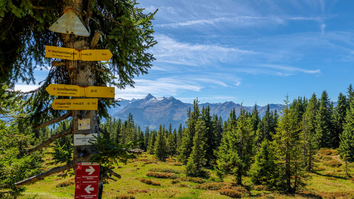Turistický rozcestník v Piesendorfu s panoramatem Kitzsteinhornu a pohoří Hohe Tauern v pozadí (Zvětšený pohled)