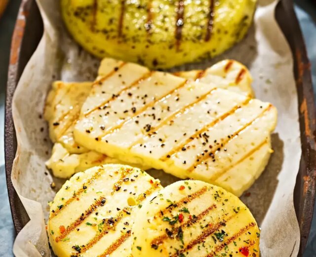 Gegrillter Käse mit Kräutermarinade © Canva.png Grilované plátky sýra halloumi a kolečka bylinkového sýra na plechu vyloženém pergamenovým papírem.