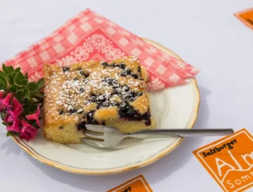 meisis-reise-lungau-schwarzbeerkuchen-auf-der-twenger-alm-1170×658.jpg Kousek bobulového dortu, klasika z letních receptů ze Salcburska, posypaný cukrem a jedlými květinami na červeném ubrousku.