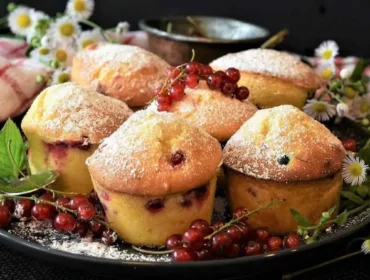 Obstkuchen©Lungauer Kochwerk.jpg Talíř s ovocnými muffiny posypanými moučkovým cukrem, ozdobenými červeným rybízem a květinami.