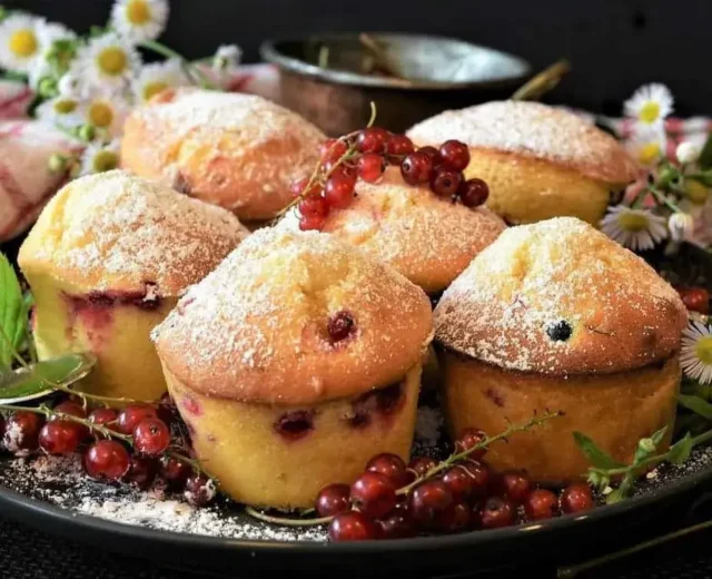 Obstkuchen©Lungauer Kochwerk.jpg Talíř s ovocnými muffiny posypanými moučkovým cukrem, ozdobenými červeným rybízem a květinami.