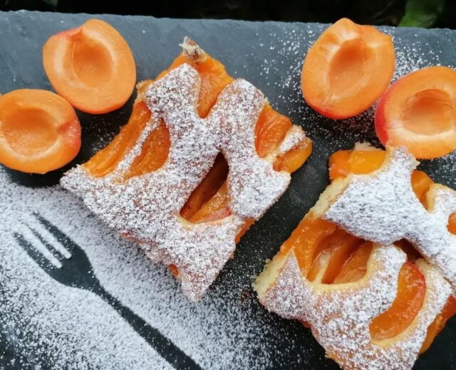 Juli _ Marillenkuchen © Gruber Romana Meruňkový koláč, rozkrájený a posypaný moučkovým cukrem