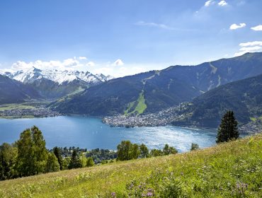 En sø i Zell am See-Kaprun, omgivet af grønne bakker og sneklædte bjerge under en klar blå himmel.