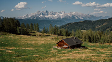 En træhytte ligger på en grøn eng, perfekt til et skisportssted, med høje bjerge og spredte træer bagved.