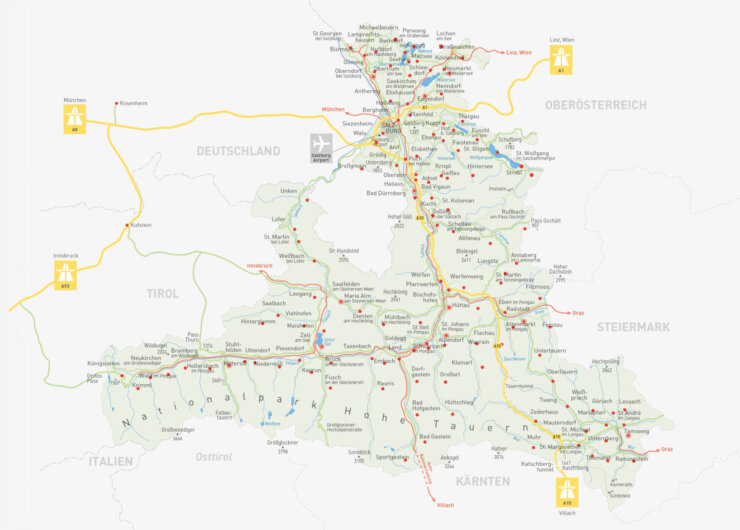 Kort over delstaten Salzburg med byer, hovedveje og nationalparken Hohe Tauern.