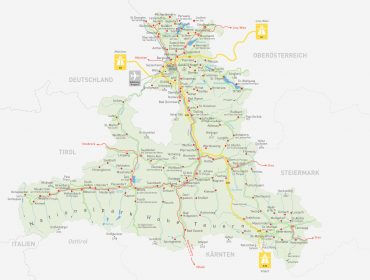 slt_basiskarte_08 Kort over Salzburg, Østrig med byer, veje, motorveje, jernbaner og regionale grænser.