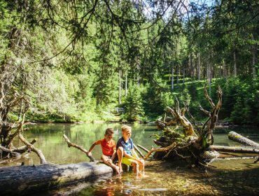 To børn sidder på træstammer ved en skovsø og dypper fødderne i vandet, omgivet af træer og grønne områder.