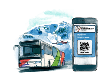 Illustration af en bus i nærheden af sneklædte Salzburgerland-bjerge og en smartphone med en QR-kode-billet til rejsen.