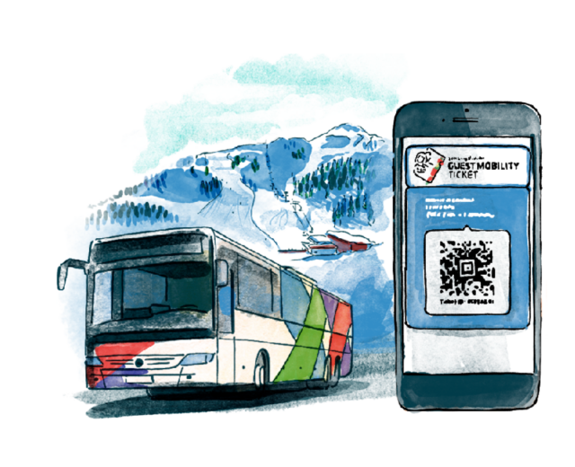 Illustration af en bus i nærheden af sneklædte Salzburgerland-bjerge og en smartphone med en QR-kode-billet til rejsen.