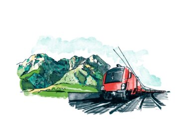 Illustration af et rødt tog, der kører på skinner gennem de grønne bjerge i Salzburgerland.
