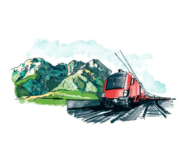 Illustration af et rødt tog, der kører på skinner gennem de grønne bjerge i Salzburgerland.