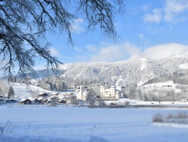 © fotohech,5622 (Christoph Hettegger) (2) Verschneites Dorf Goldegg mit einem Schloss und Bergen unter blauem Himmel, umrahmt von Baumzweigen.