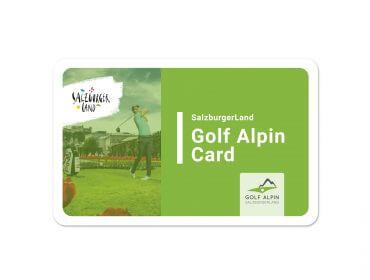 ga_0222_card_zugeschnitten Grüne Golf Alpin Card mit einem schwingenden Golfer und den offiziellen Logos der Golf Alpin Card und des SalzburgerLandes.