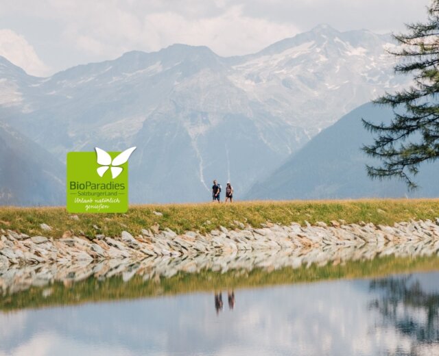 Zwei Personen wandern an einem Bergsee in der Nähe eines Biobauernhofs; Kiefern und Berge erheben sich unter einem bewölkten Himmel.