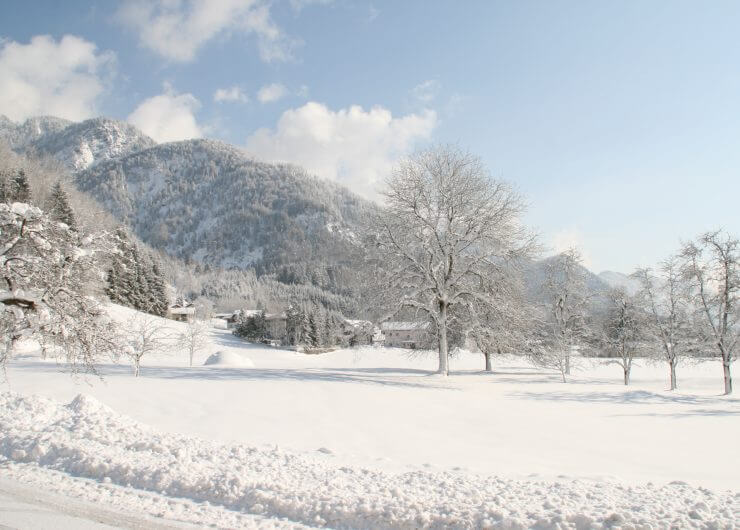 Tief verschneite Landschaft im Sonnenscheiin