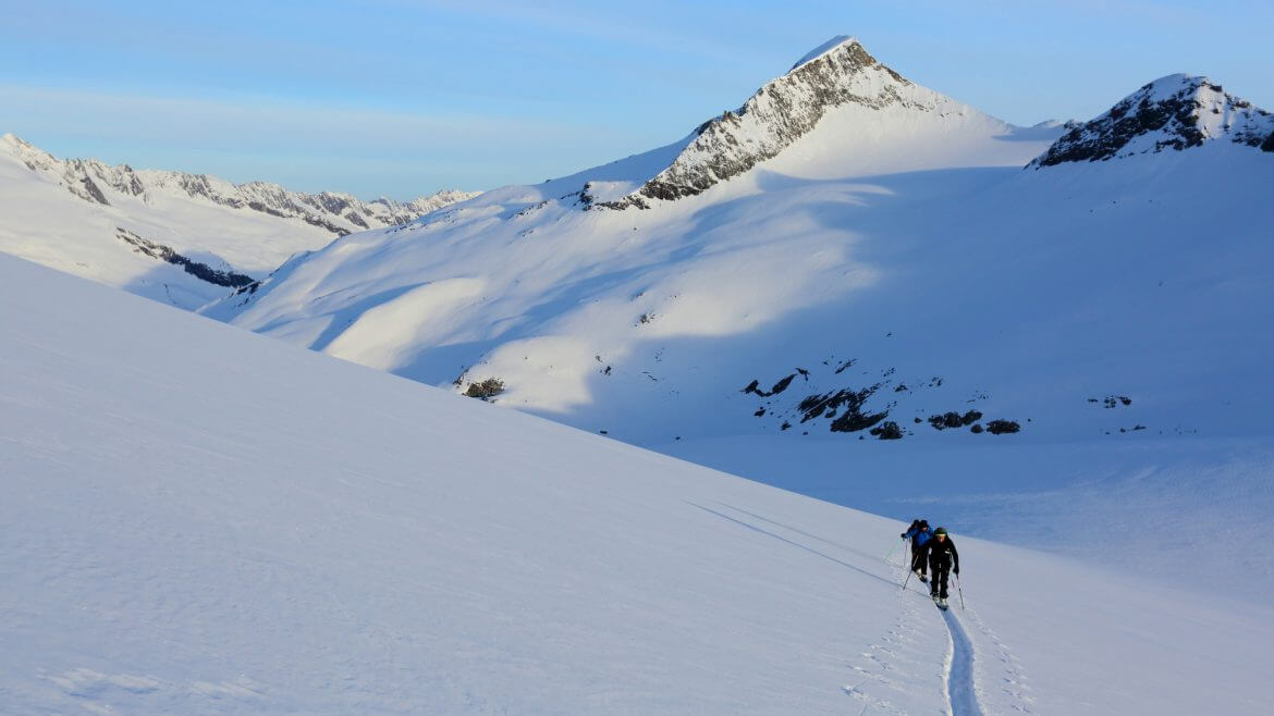 Skitourengeher ziehen eine gerade Spur durch den Tiefschnee des Großvenedigers.
