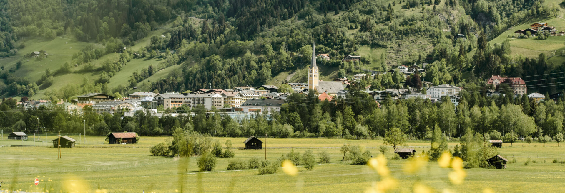 Blick auf das Dorf Bad Hofgastein und den Kirchturm, eingebettet in grüne Wiesen und bewaldete Berge.
