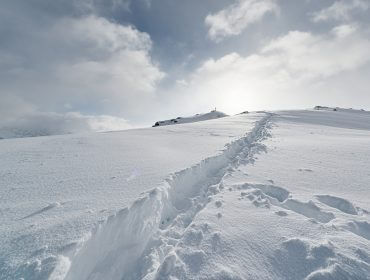 Eine Spur zieht sich durch den frischen Tiefschnee