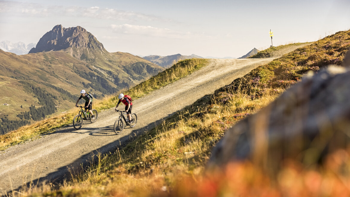Zwei Biker fahren eine Passstrasse hinab, im Hintergrund Berge. (vergrößerte Ansicht)
