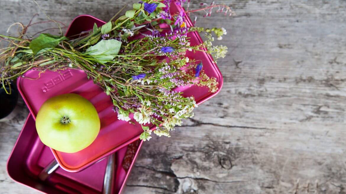 Almsommer Jausenbox mit Apfel und einem Almblumenstrauß