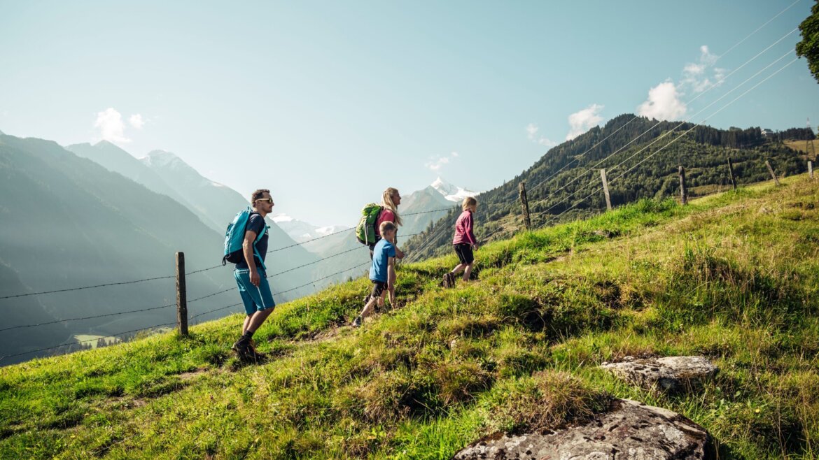 © Zell am See-Kaprun Tourismus - Maiskogel Wandern Eine vierköpfige Familie wandert auf einen grasbewachsenen Hügel mit Bergen und einem blauen Himmel im Hintergrund. (vergrößerte Ansicht)
