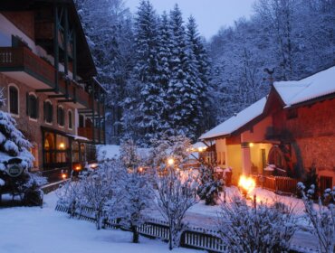 Schneebedeckte Häuser und Bäume mit warmen Lichtern, die in einer friedlichen Winterabendszene leuchten.
