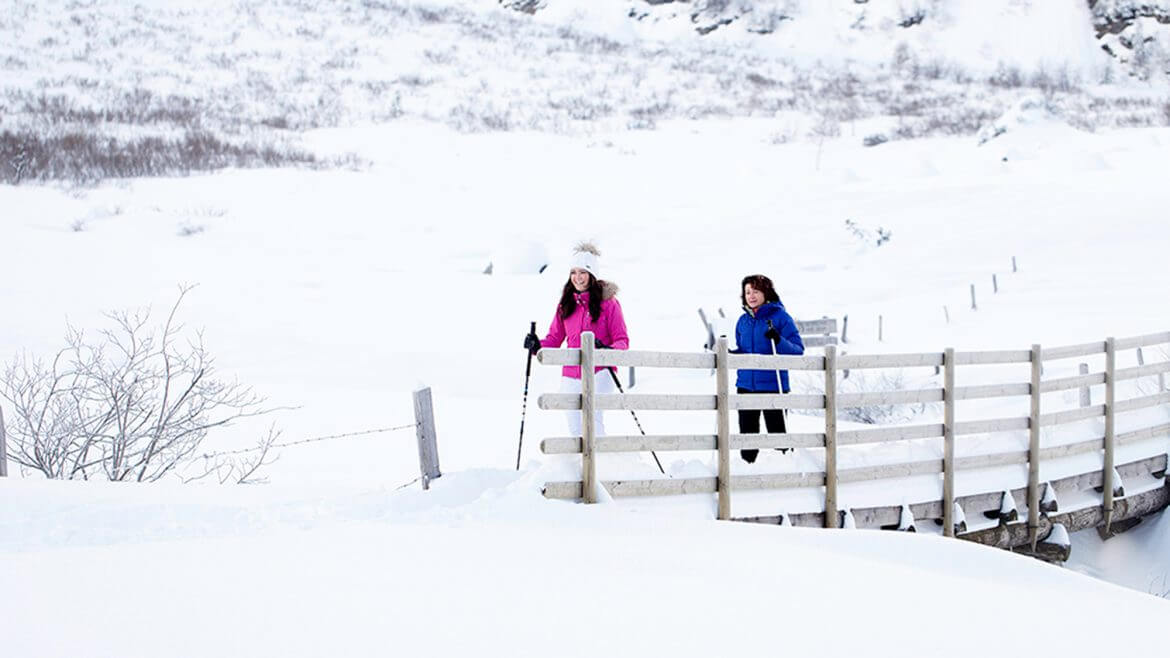 Zwei Frauen in pinker und blauer Jacke beim Winterwandern (vergrößerte Ansicht)