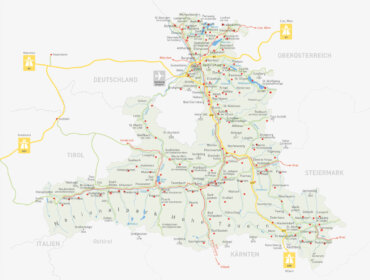 SLT_Basiskarte_ergaenzungen_verlaengert Karte von Salzburg, Österreich, ideal für die Planung Ihrer Autoanreise, mit Städten und Verkehrswegen.